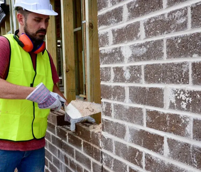 Albañil de Valencia aplicando mortero con la paleta sobre un muro de ladrillo