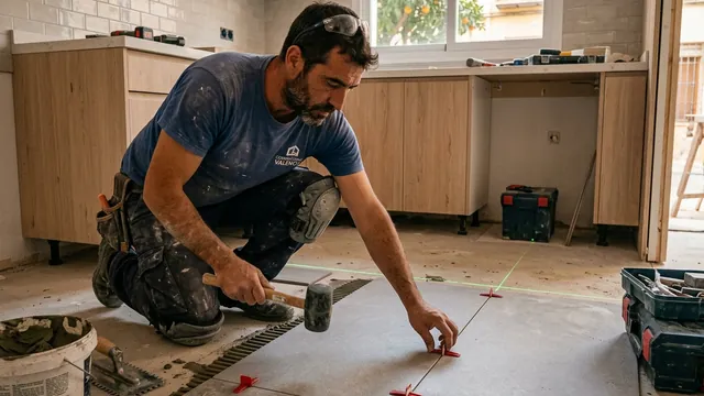 Albañil colocando gres porcelánico de gran formato en una vivienda de Valencia