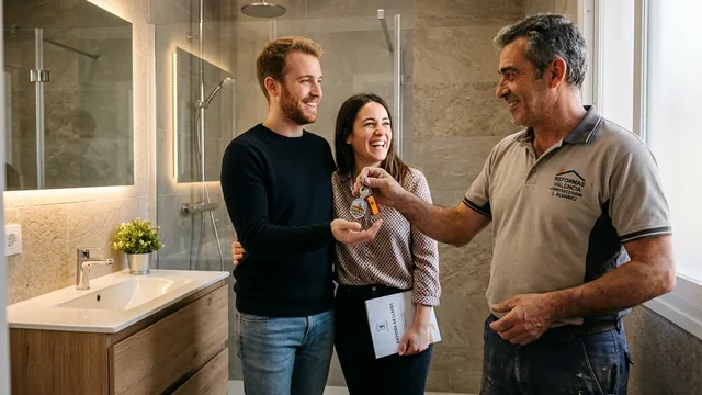Albañil entregando la obra terminada a los propietarios de una vivienda reformada en Valencia