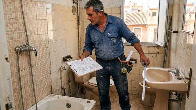 Albañil profesional de Valencia midiendo un baño antes de redactar el presupuesto de reforma