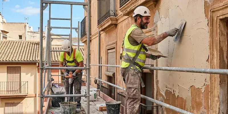 Operarios en andamio aplicando revestimiento monocapa en fachada de edificio de Valencia