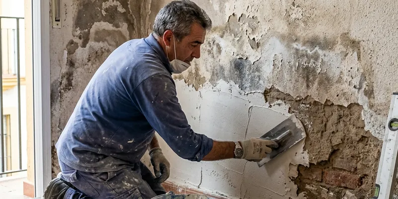 Técnico aplicando mortero de saneamiento para eliminar humedades por capilaridad en Valencia