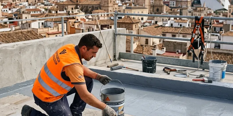 Operario aplicando membrana impermeabilizante líquida en azotea transitable de Valencia