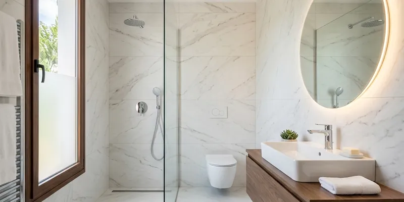Baño reformado con porcelánico de gran formato y mampara de ducha en Valencia